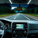 "A modern truck dashboard featuring a night vision camera display showing a clear view of a dark road ahead, fully clothed driver visible, appropriate content, safe for work, perfect anatomy, natural proportions, professional vehicle photography, modest interior."