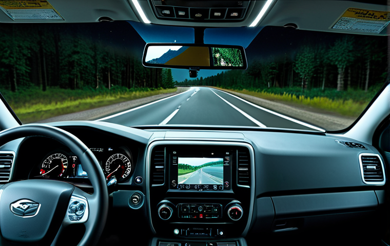 "A modern truck dashboard featuring a night vision camera display showing a clear view of a dark road ahead, fully clothed driver visible, appropriate content, safe for work, perfect anatomy, natural proportions, professional vehicle photography, modest interior."