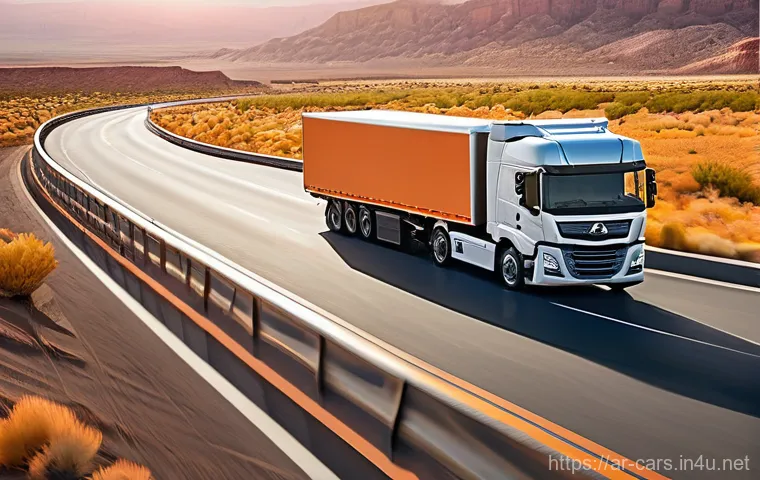 트레일러 트럭의 충돌 방지 시스템 - **Prompt 2: "AI's Timely Intervention"**
    An interior view from the cockpit of a sophisticated tr...