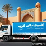 Home 21 특수 차량 보험 가입 요령 - A detailed scene showing a modern heavy-duty truck parked at a bustling Middle Eastern logistics hub...