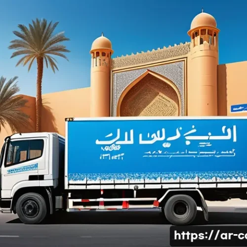 Home 33 특수 차량 보험 가입 요령 - A detailed scene showing a modern heavy-duty truck parked at a bustling Middle Eastern logistics hub...