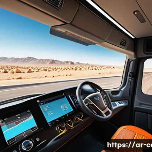 Home 32 대형 트럭의 최신 모델 리뷰 - A modern large cargo truck interior designed for an Arabic driver, showcasing a spacious cabin with ...