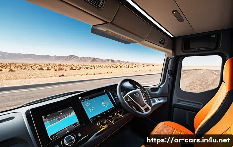 대형 트럭의 최신 모델 리뷰 - A modern large cargo truck interior designed for an Arabic driver, showcasing a spacious cabin with ...