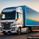 Home 19 대형 트럭의 전기차 모델 출시 소식 - A highly detailed futuristic electric heavy-duty truck charging at a fast-charging station in a mode...