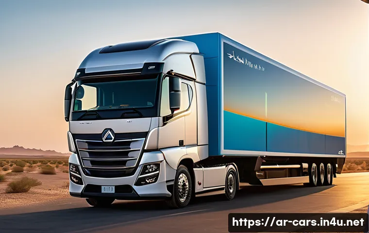 대형 트럭의 전기차 모델 출시 소식 - A highly detailed futuristic electric heavy-duty truck charging at a fast-charging station in a mode...