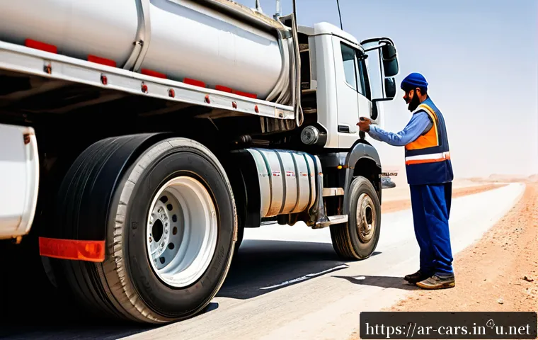 대형 트럭의 유지비 절약 방법 - A professional Middle Eastern truck driver wearing a traditional white kandura and a reflective safe...