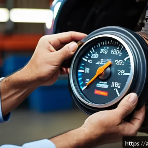 특수 차량의 안전 점검 체크리스트 - A detailed close-up of a car brake system being inspected in a modern Arabic automotive workshop. Th...