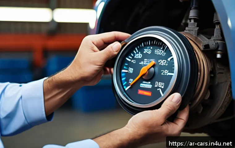 특수 차량의 안전 점검 체크리스트 - A detailed close-up of a car brake system being inspected in a modern Arabic automotive workshop. Th...