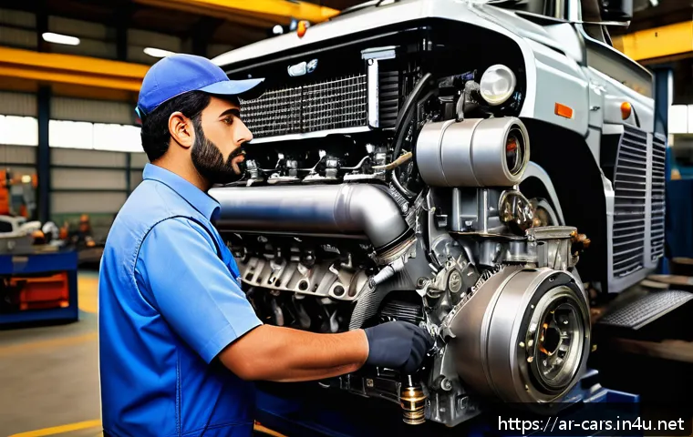대형 트럭과 특수 차량의 유지보수 차이 - A detailed cross-sectional view of a large diesel truck engine with advanced high-pressure fuel inje...