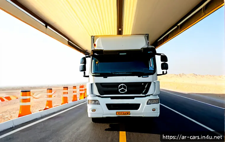 대형 트럭의 적재 중량 계산법 - Photorealistic wide-angle scene of a large covered cargo truck positioned on a modern roadside weigh...